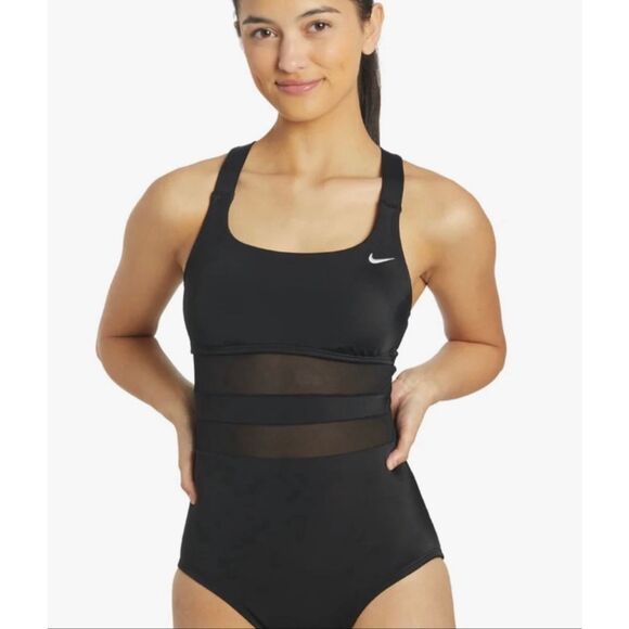 Nike Medium NWT Swim Nike Mesh V-Back One Piece Swimsuit black - Picture 1 of 12
